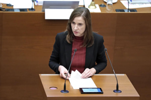 Vicki Felthaus, Bürgermeisterin und Beigeordnete für Jugend, Schule und Demokratie am Rednerpult im Stadtrat.