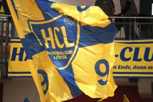 Blau-gelbe Fahne mit dem Vereinswappen des HC Leipzig (HCL) im Fanblock. Foto: Jan Kaefer